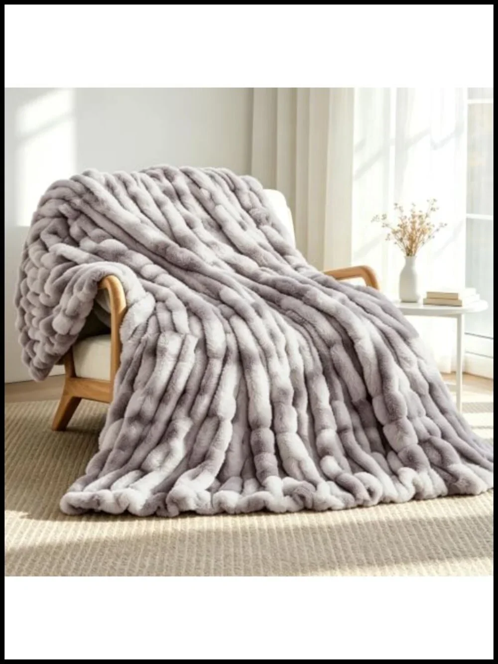 Ruched Faux Fur Throw Blanket, Soft Fluffy Plush Cozy Throw for Couch